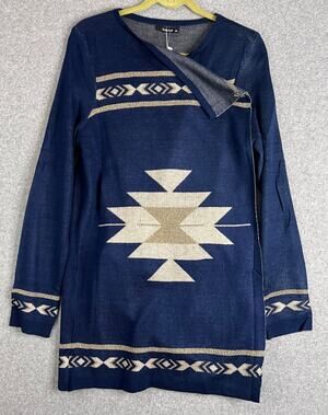 GeeGee Women’s M/L Navy Gold Metallic Southwestern Tunic Sweater NWT